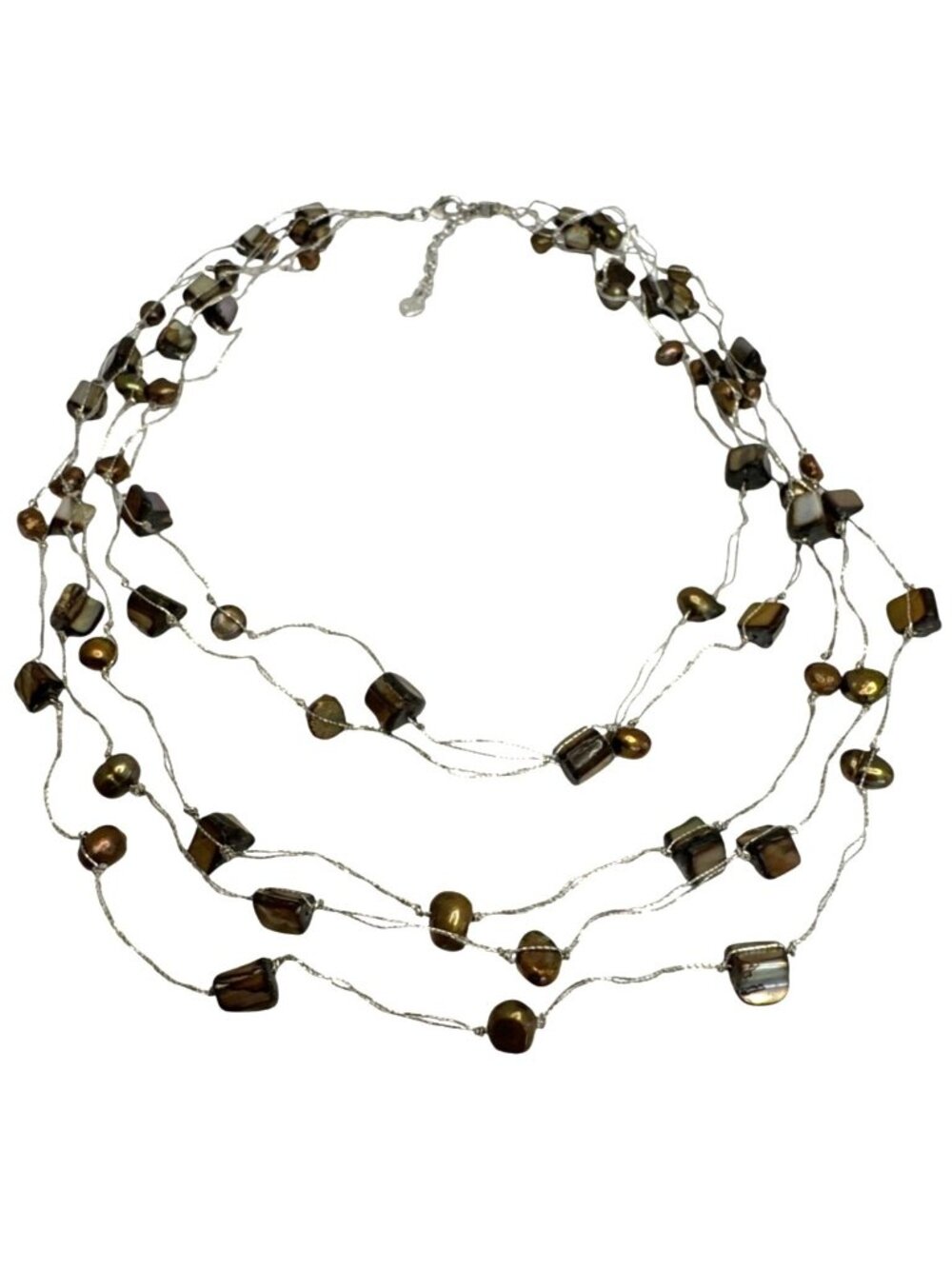 Brown Mother Of Pearl Beaded Multi Layer Silvertone Necklace
